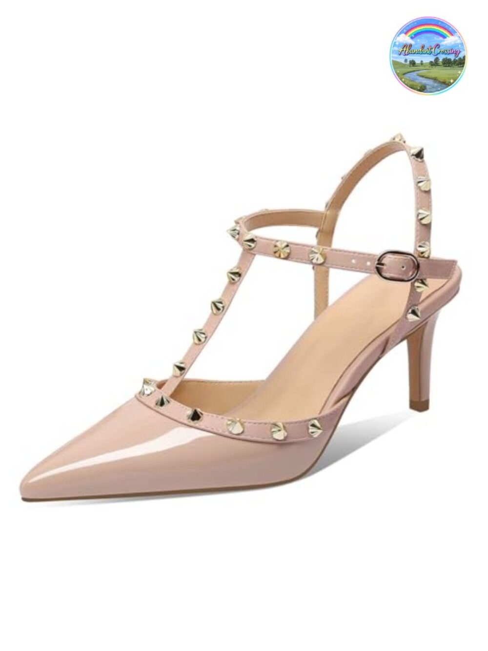 Studded Patent Leather Kitten Heels Ankle Strap Pointy Toe Slingback Sandals